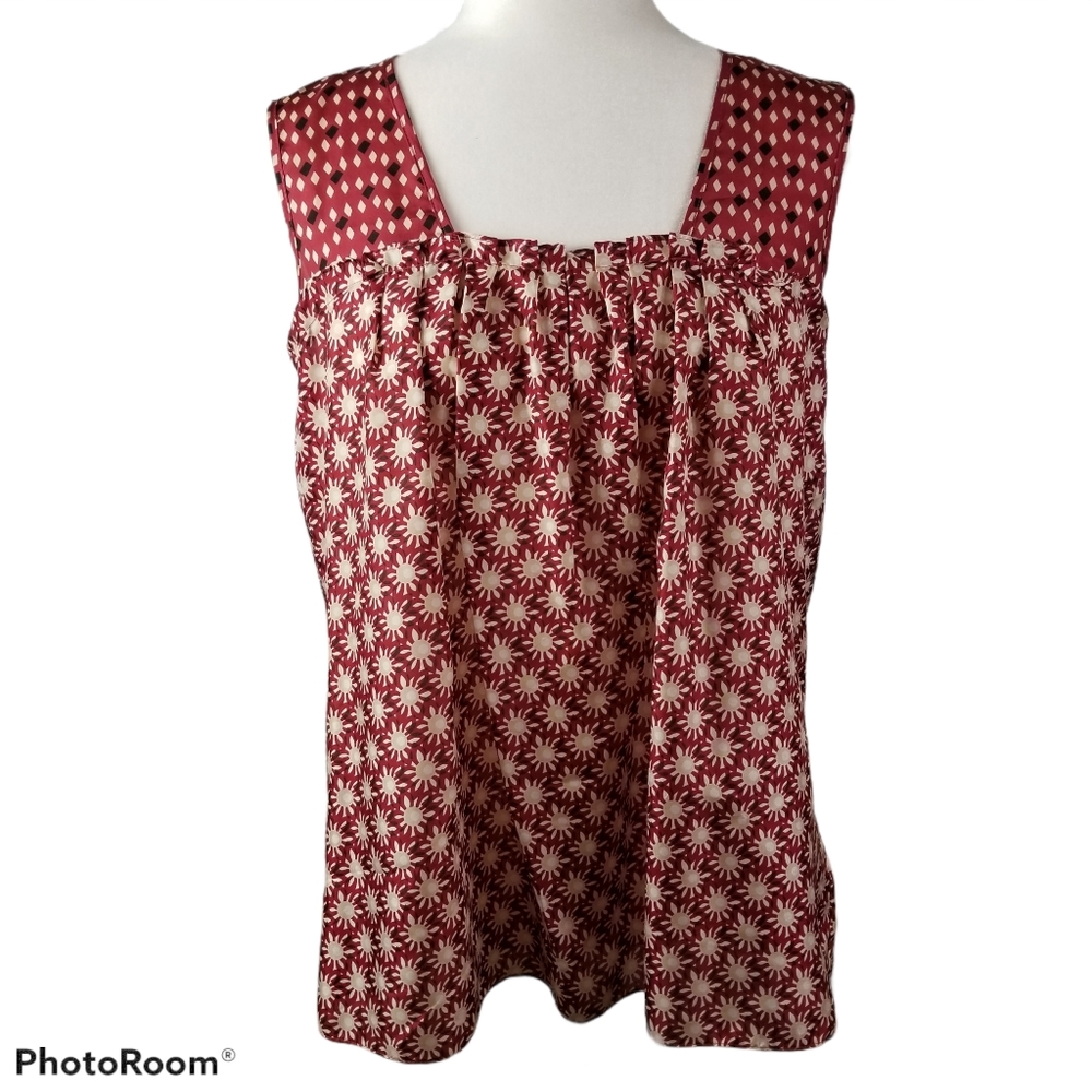 Silk Sleeveles Print Blouse Red  Loose Fit Lightweight  Made in USA Womens Small